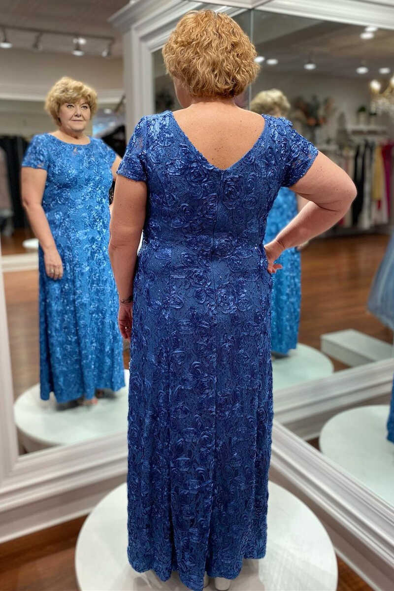 Blue Appliques Crew Neck Short Sleeve Long Mother of the Bride Dress