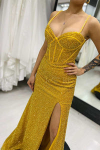 Pink Sequin Sweetheart Lace-Up Mermaid Long Prom Dress with Slit