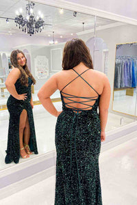 Peacock Green Mermaid Lace-Up Back Sequins Long Prom Dress with Slit