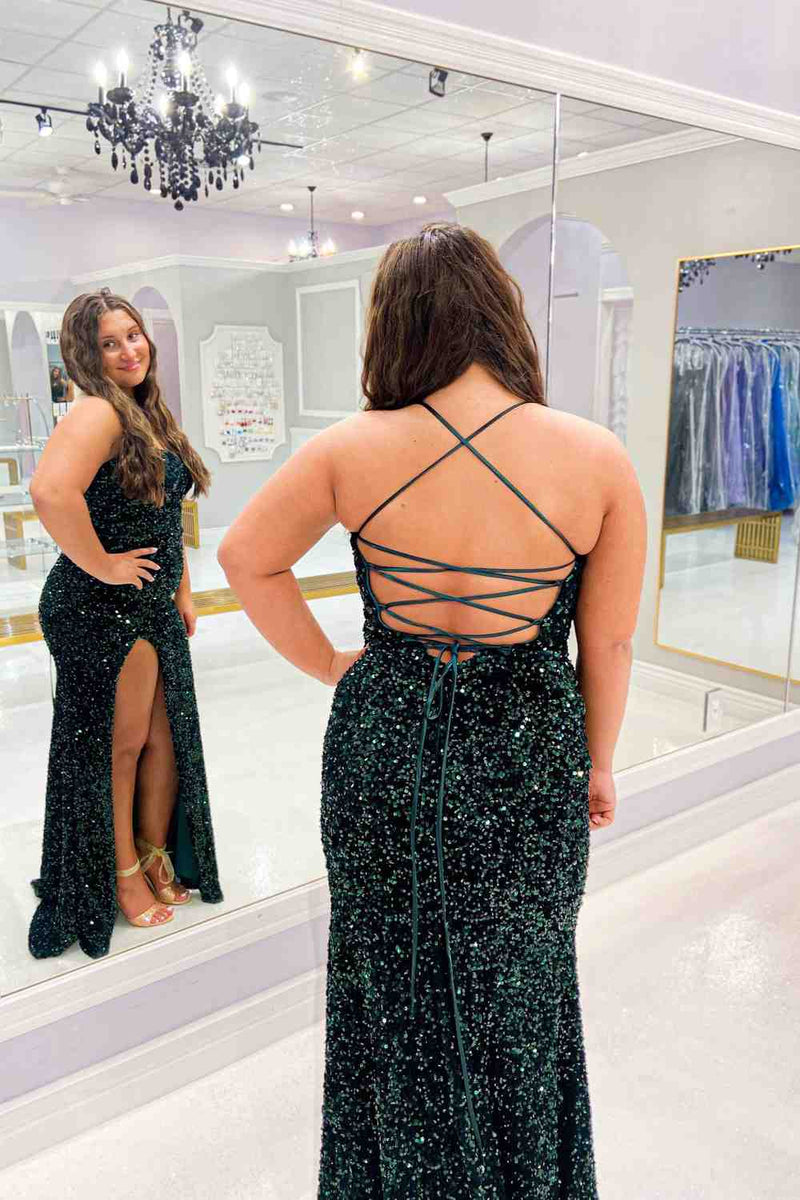 Peacock Green Mermaid Lace-Up Back Sequins Long Prom Dress with Slit