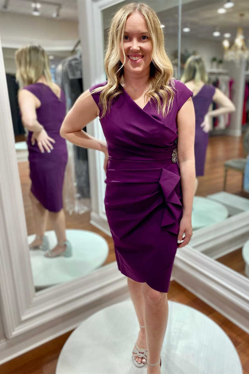 Purple Cap Sleeve Rhinestone Ruched Short Mother of the Bride Dress