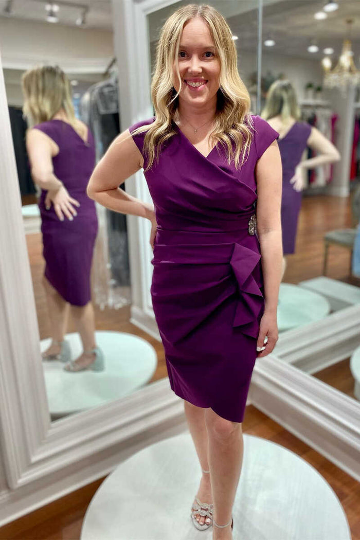 Purple Cap Sleeve Rhinestone Ruched Short Mother of the Bride Dress