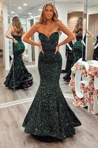 Dark Green Sequin Strapless Trumpet Long Prom Gown