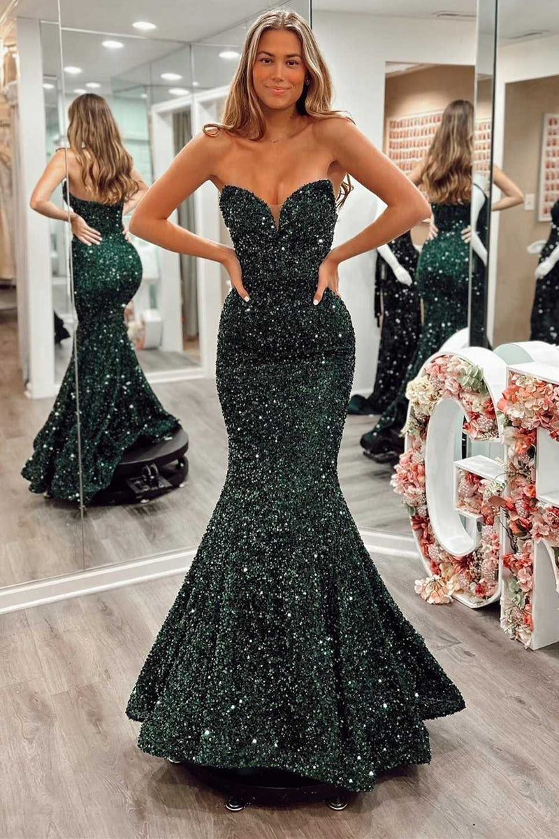 Dark Green Sequin Strapless Trumpet Long Prom Gown