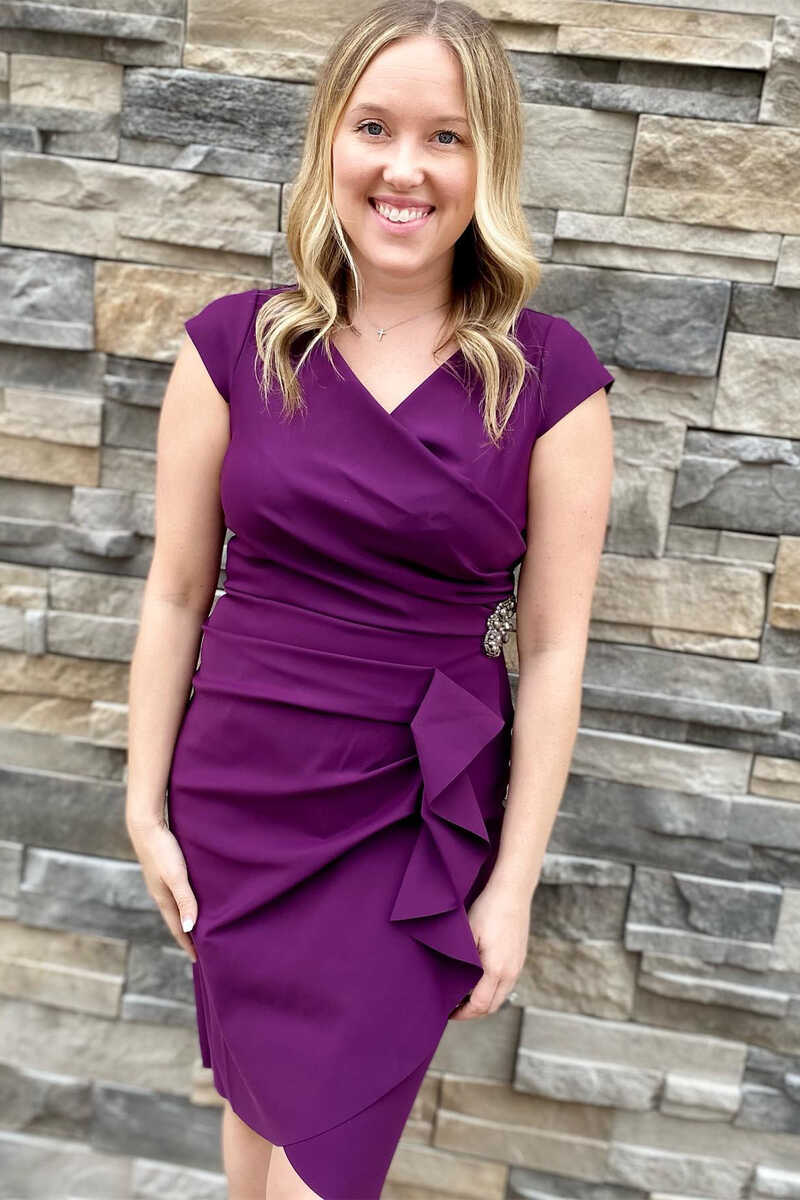 Purple Cap Sleeve Rhinestone Ruched Short Mother of the Bride Dress