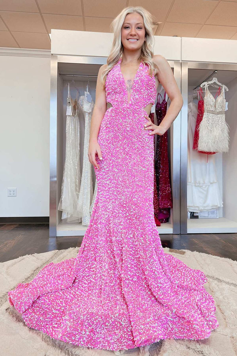 White Iridescent Sequin Halter Cutout Mermaid Long Prom Gown