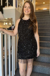 Black Sequin Fringe Halter Short Party Dress