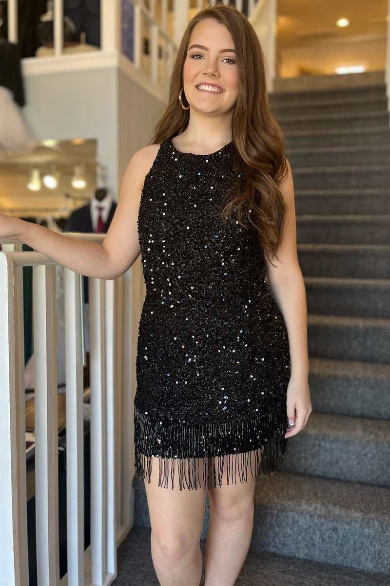 Black Sequin Fringe Halter Short Party Dress