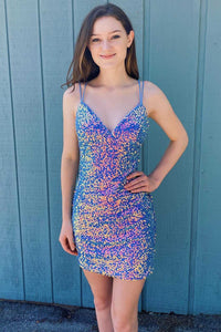 Purple Iridescent Sequin V-Neck Lace-Up Homecoming Dress