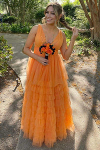 Orange V-Neck High-Waist Tiered A-Line Prom Gown