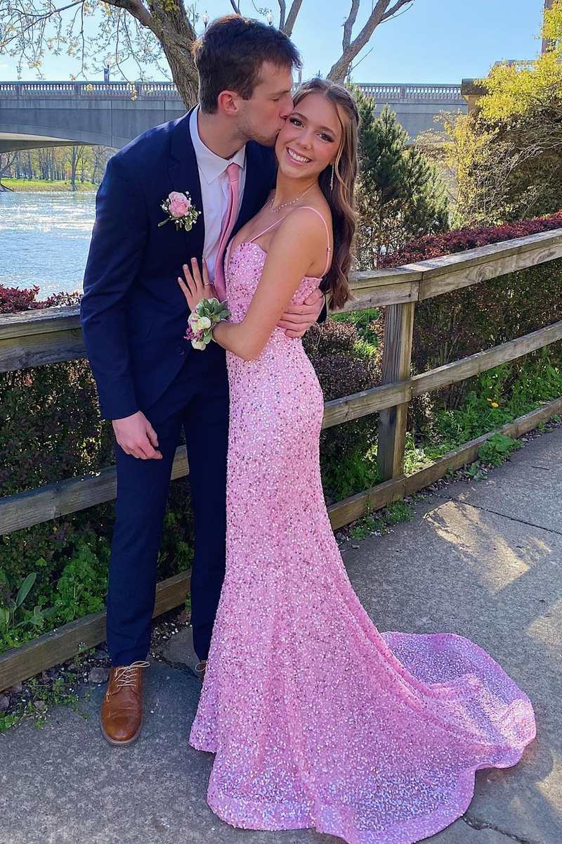 Pink Sequin Plunge V Mermaid Long Prom Dress
