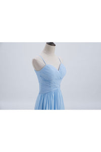 Blue Pleated Straps Chiffon Long Bridesmaid Dress