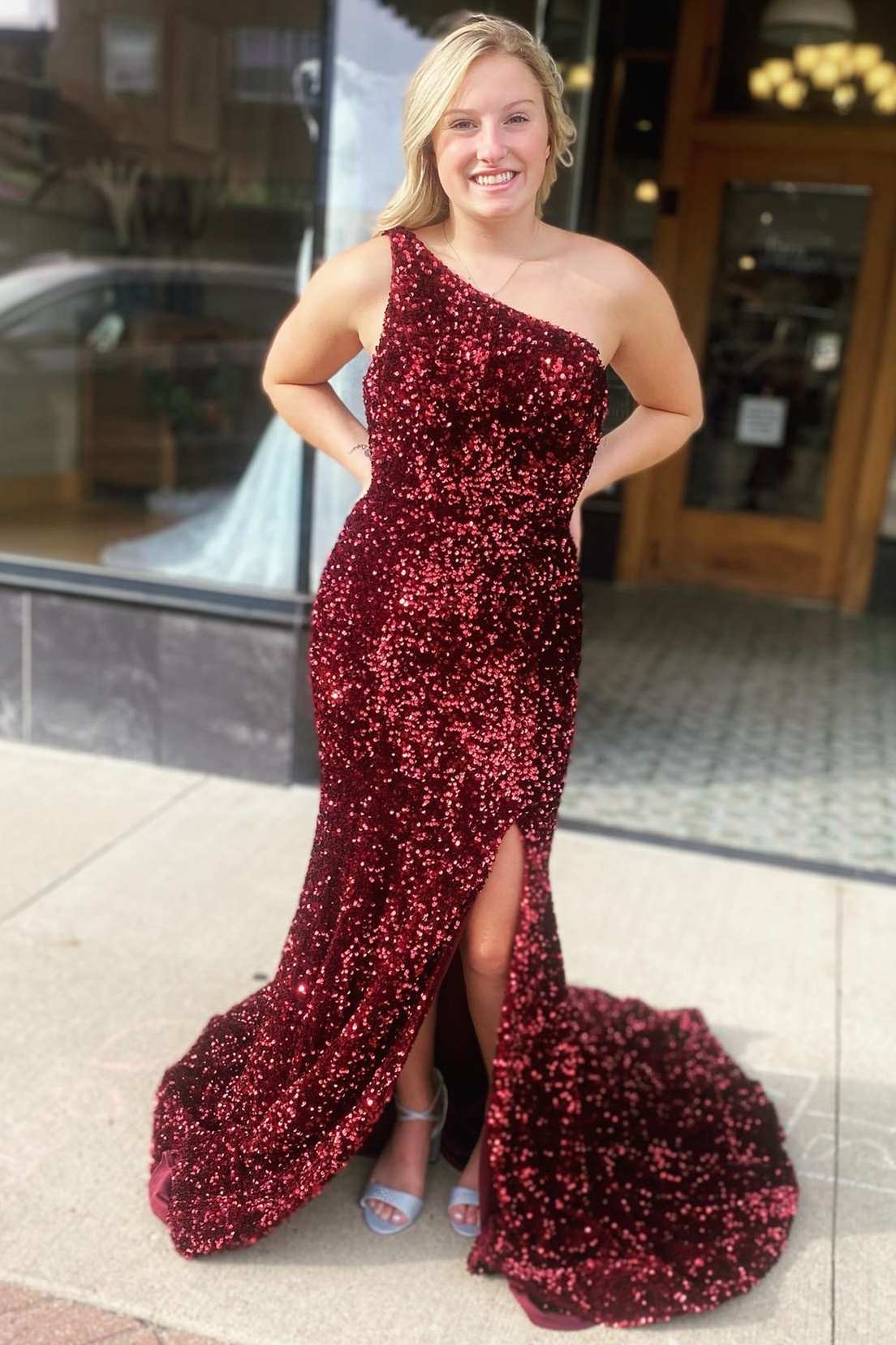 Wine Red Sequin One-Shoulder Long Prom Gown with Slit