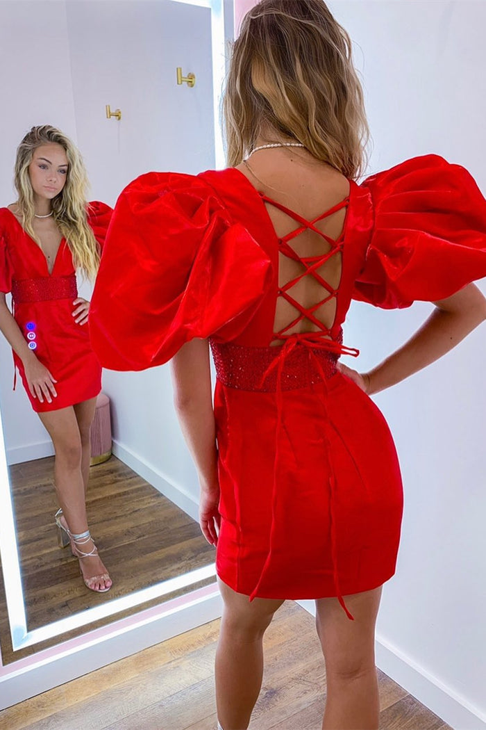 Puff Sleeve Beaded Waist Bodycon Short Party Dress