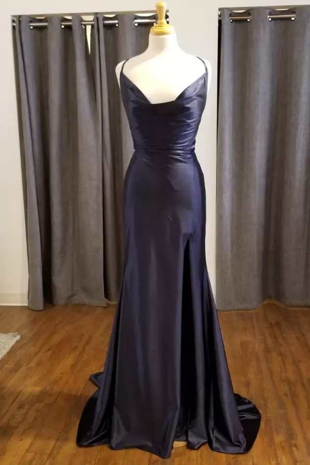 Navy Blue Cowl Neck Mermaid Long Prom Dress