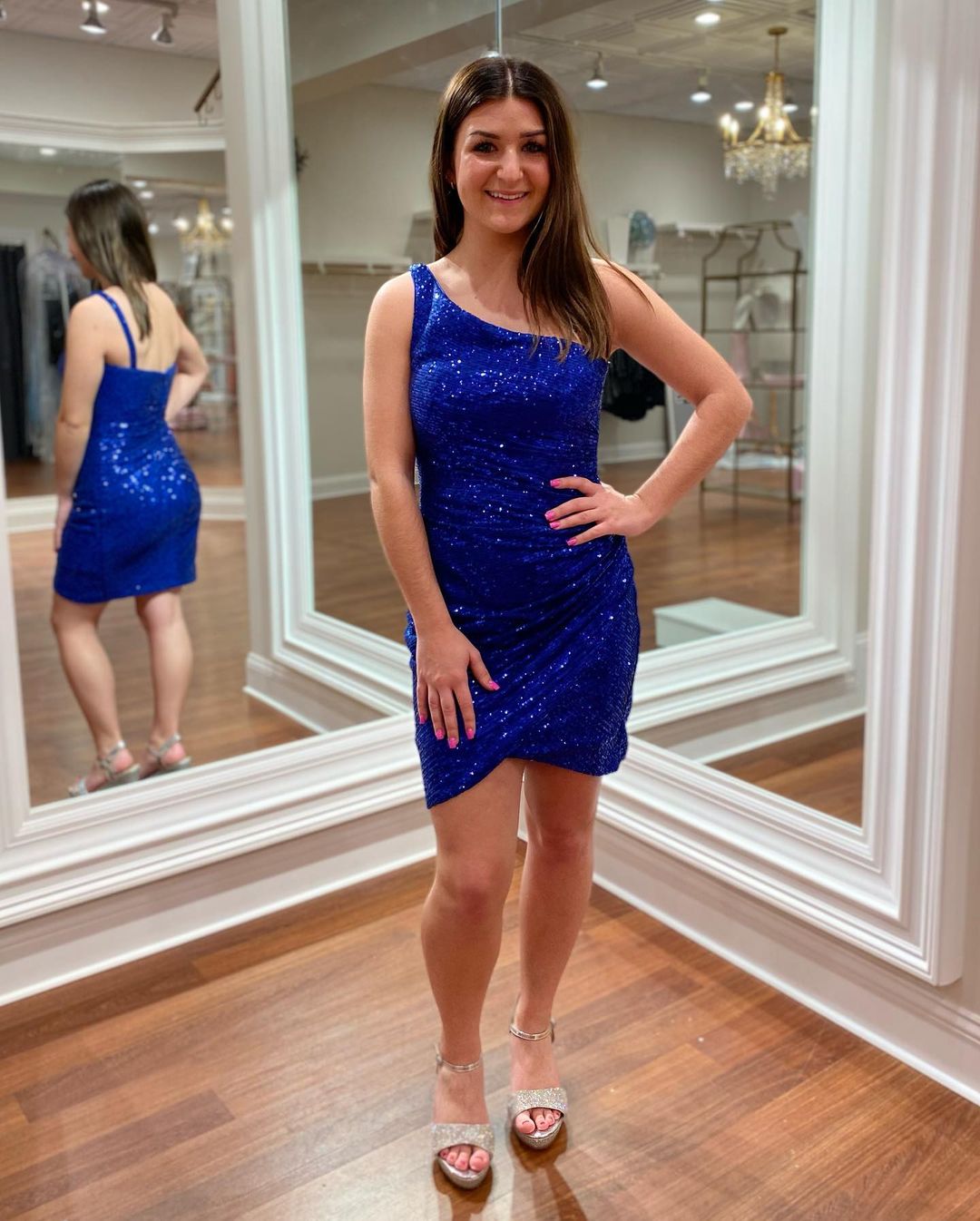 Pink Sequins Tight Mini Party Dress with One Shoulder