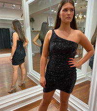 Pink Sequins Tight Mini Party Dress with One Shoulder