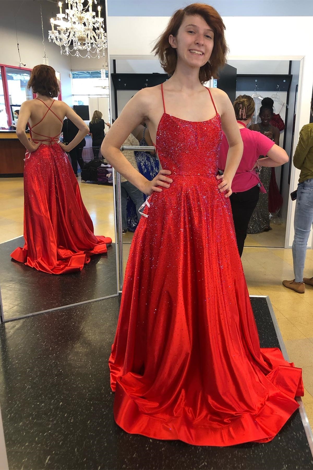 Spaghetti Straps Beaded Teal Blue A-line Long Formal Dress