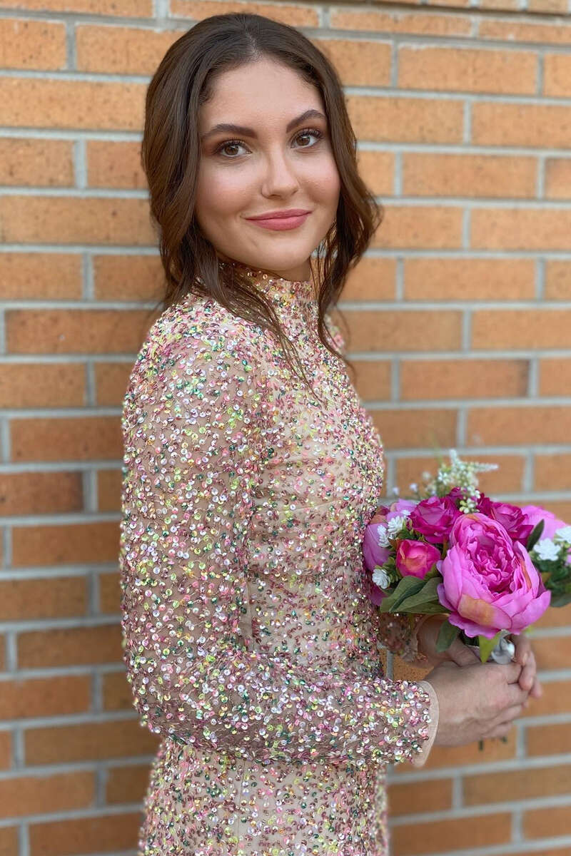 Sequin Long Sleeve Open Back Short Homecoming Dress