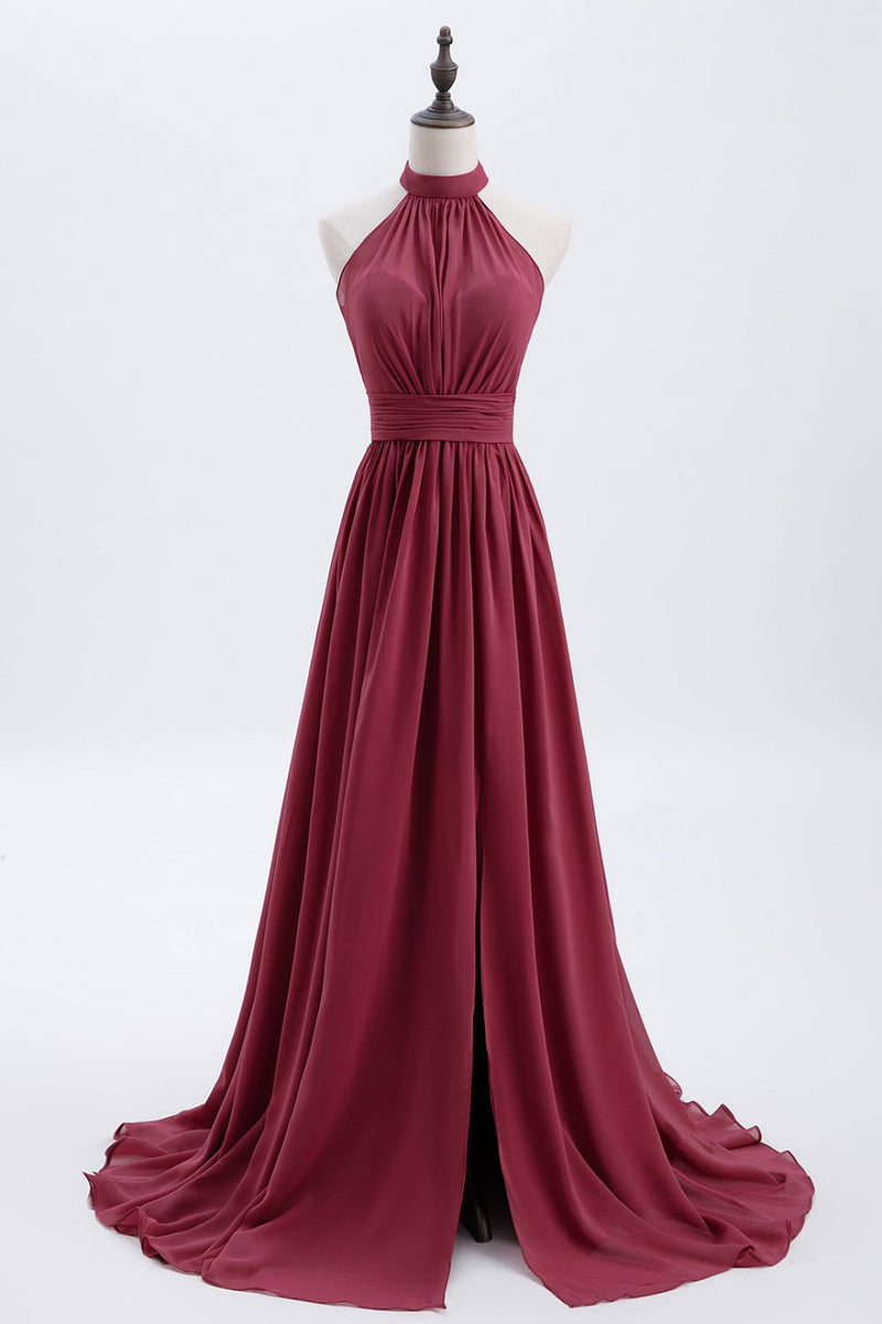 High Neck Burgundy Chiffon A-line Long Bridesmaid Dress