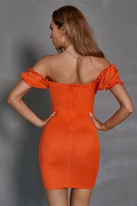 Orange Puff Sleeve Pleated Mini Party Dress