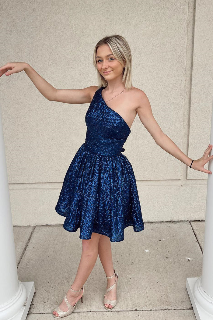 Navy Blue Sequin One-Shoulder A-Line Short Homecoming Dress