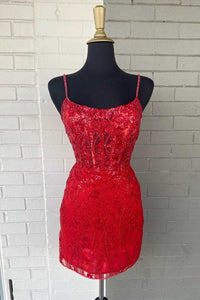 Glittery Lace-Up Mini Homecoming Dress