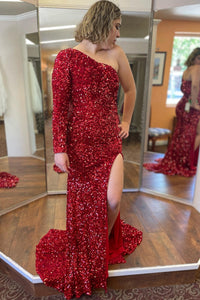 Pink Iridescent Sequin One-Sleeve Mermaid Long Prom Dress with Slit