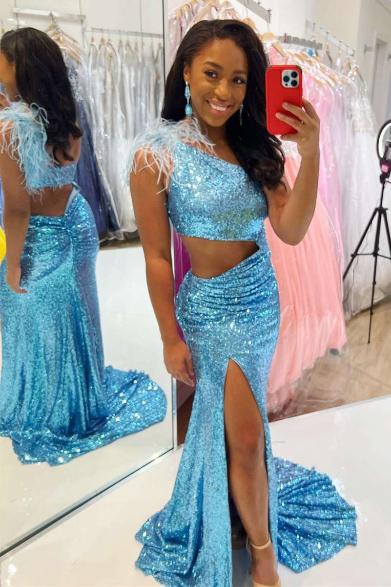 Blue Sequin One-Shoulder Cutout Feathers Mermaid Long Prom Gown