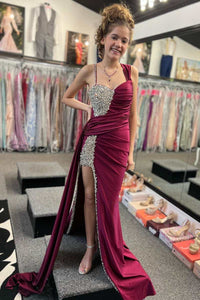 Asymmetrical Magenta Beaded Long Formal Dress with Attached Train