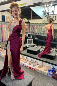 Asymmetrical Magenta Beaded Long Formal Dress with Attached Train