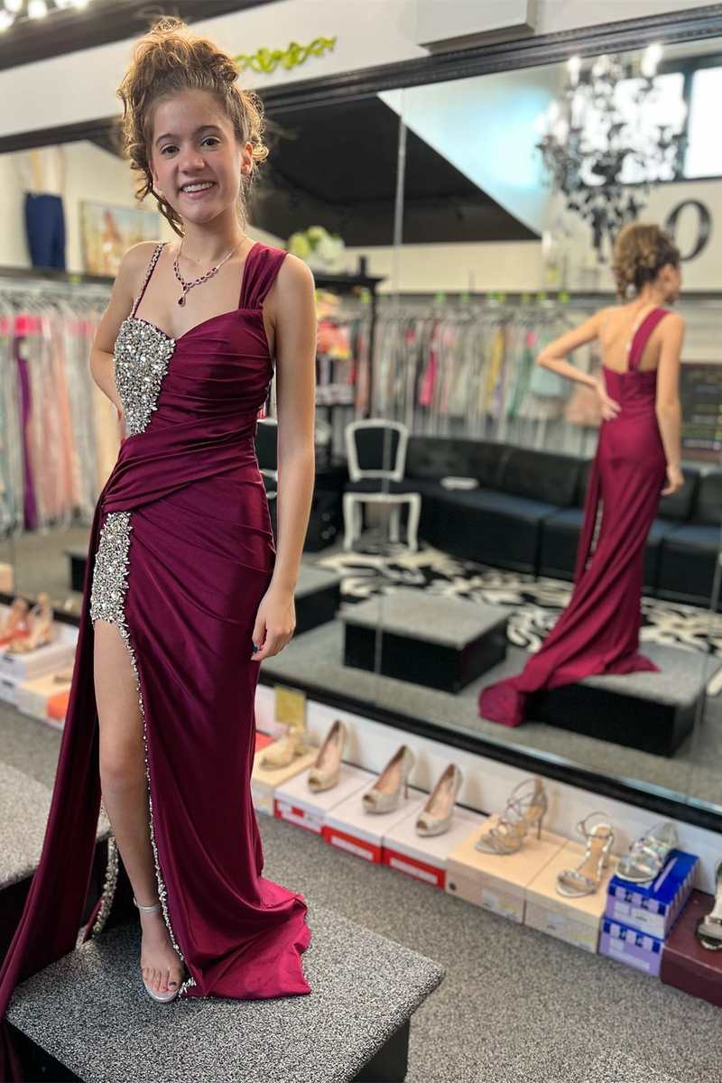 Asymmetrical Magenta Beaded Long Formal Dress with Attached Train