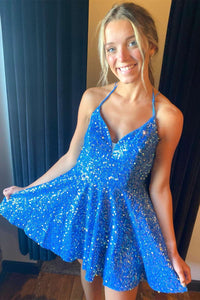 A-Line Blue Sequin V-Neck Short Party Dress