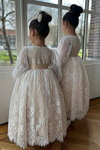 Ivory Lace Long Sleeve Pleated A-Line Flower Girl Dress