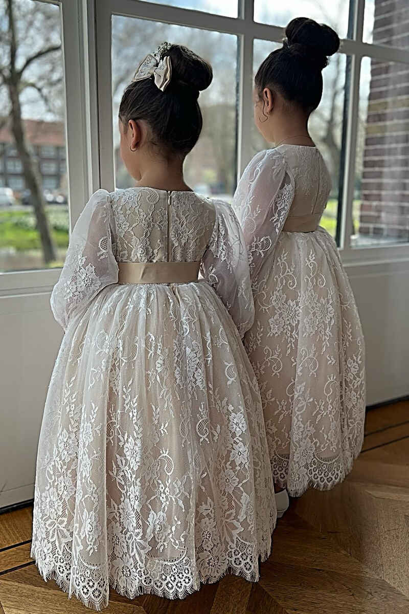 Ivory Lace Long Sleeve Pleated A-Line Flower Girl Dress