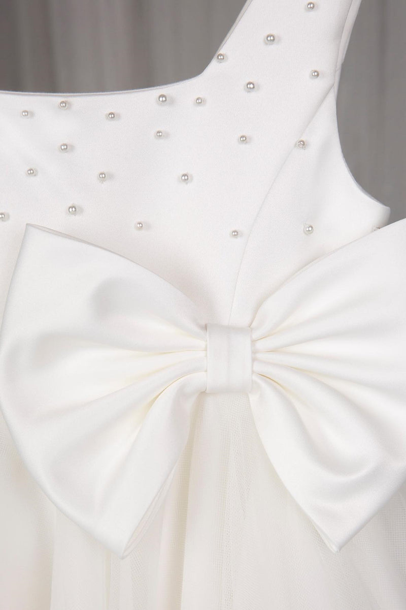 White Square Neck Pearl Beaded Sleeveless Long Flower Girl Dress with Bow