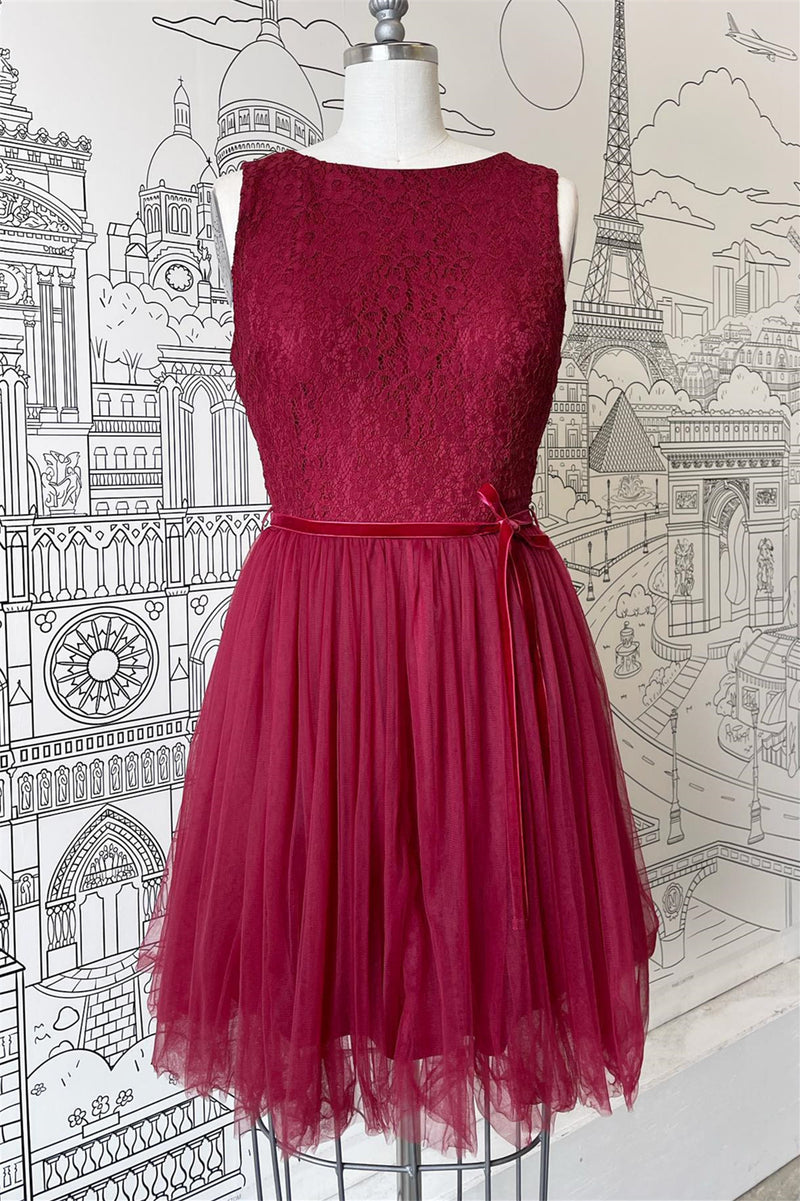 Malberry A-line Scoop Neck Tulle Lace Mini Bridesmaid Dress with Sash