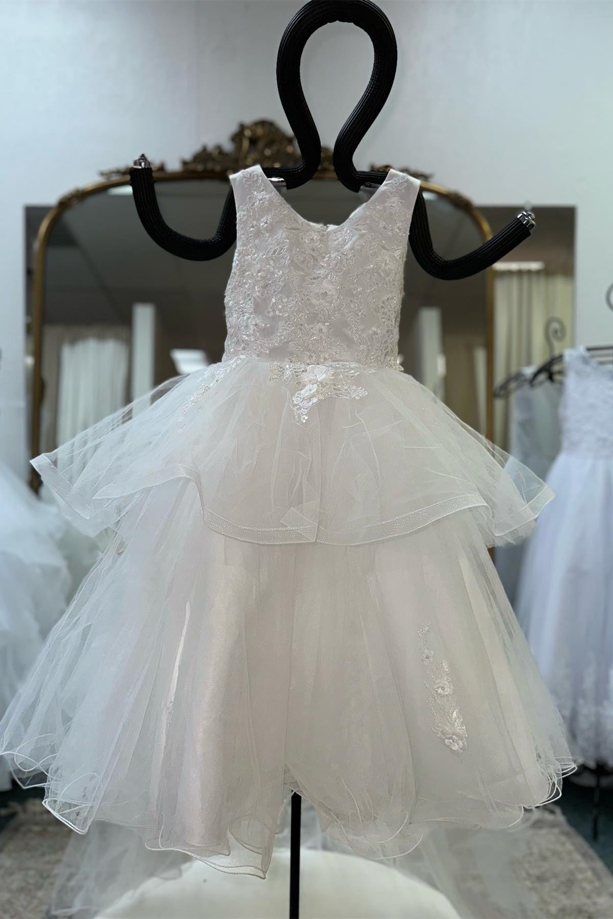 White Sleeves Beaded Appliques Multi-Layers Long Flower Girl Dress