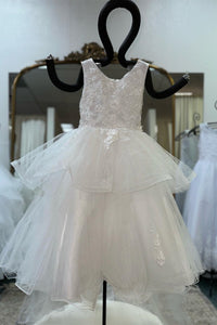 White Sleeves Beaded Appliques Multi-Layers Long Flower Girl Dress