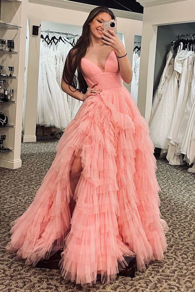 Pink V-Neck Empire Waist Tiered Long Prom Dress with Ruffles