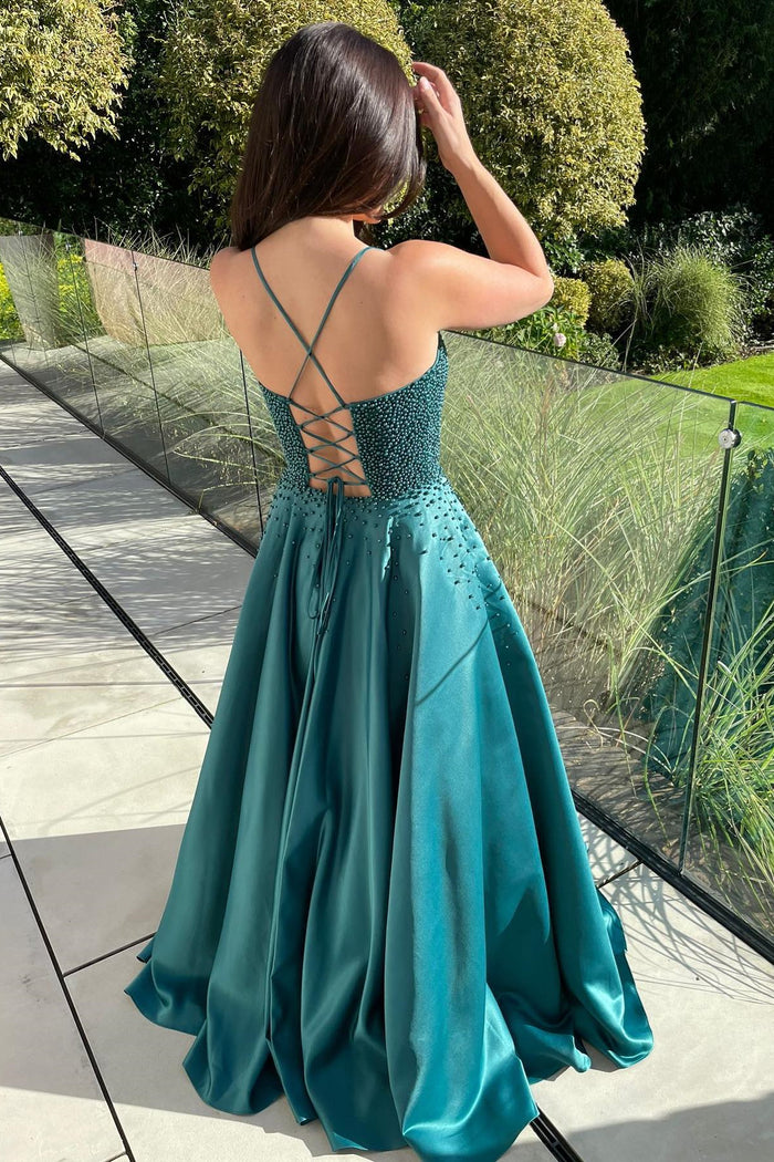 Green A-line Beaded Lace-Up Back Satin Long Prom Dress