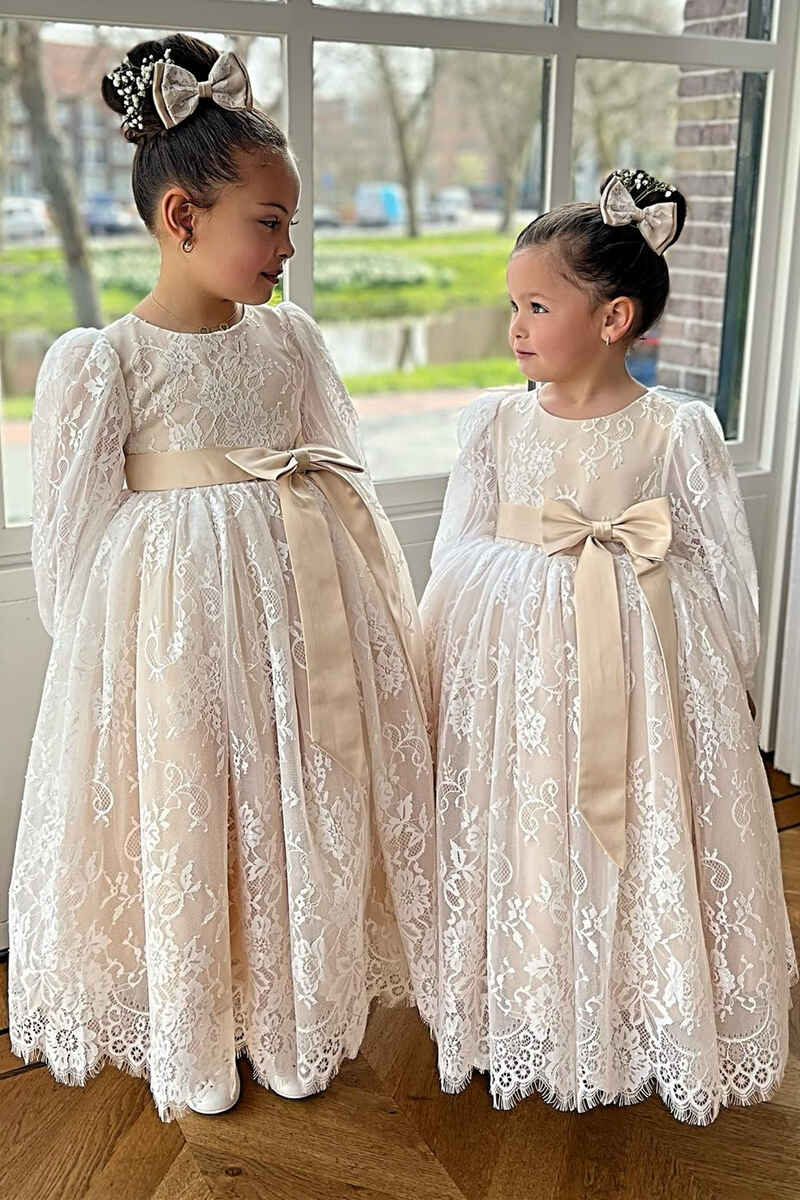 Ivory Lace Long Sleeve Pleated A-Line Flower Girl Dress
