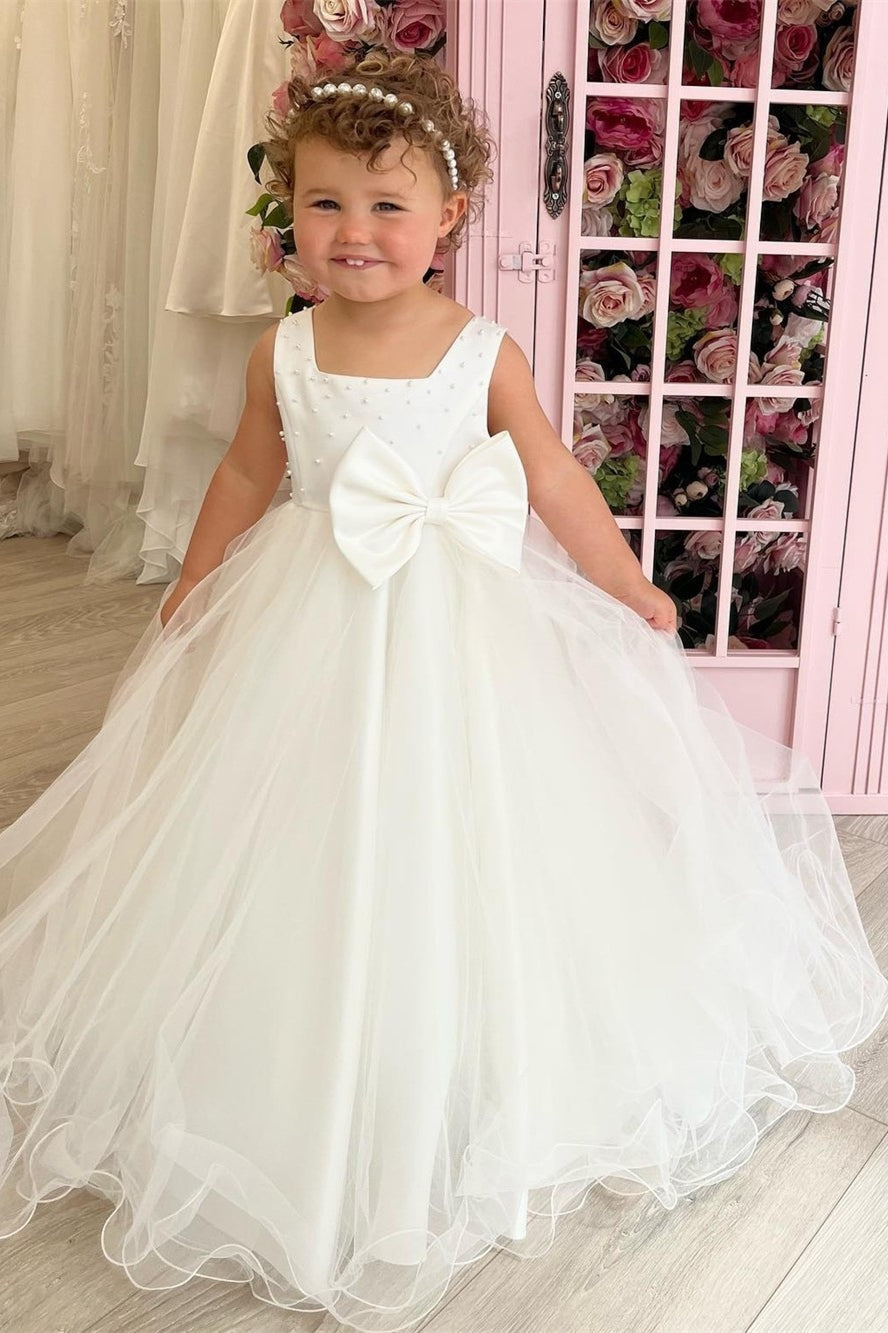 White Square Neck Pearl Beaded Sleeveless Long Flower Girl Dress with Bow