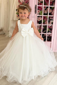 White Square Neck Pearl Beaded Sleeveless Long Flower Girl Dress with Bow