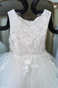 White Sleeves Beaded Appliques Multi-Layers Long Flower Girl Dress
