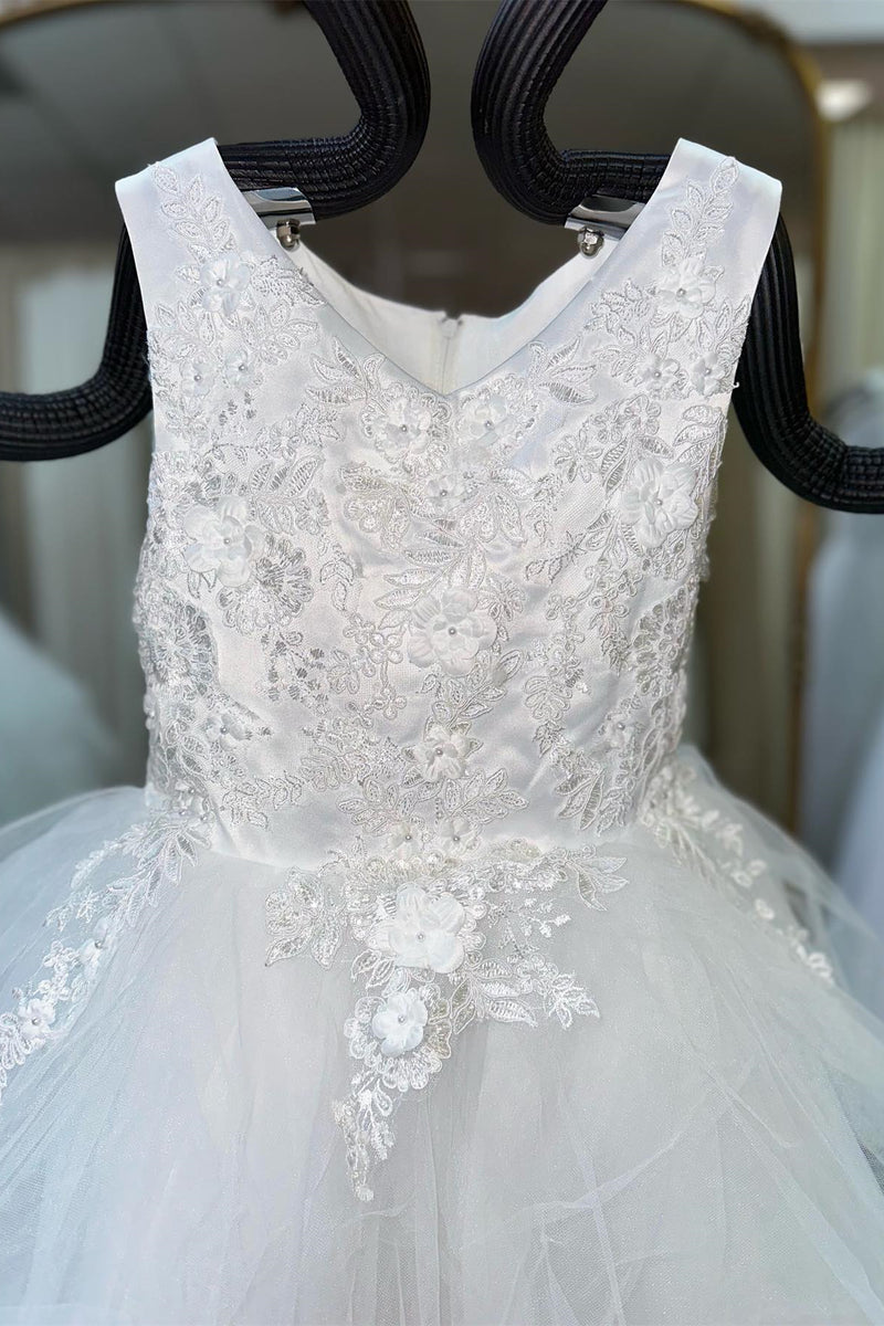 White Sleeves Beaded Appliques Multi-Layers Long Flower Girl Dress