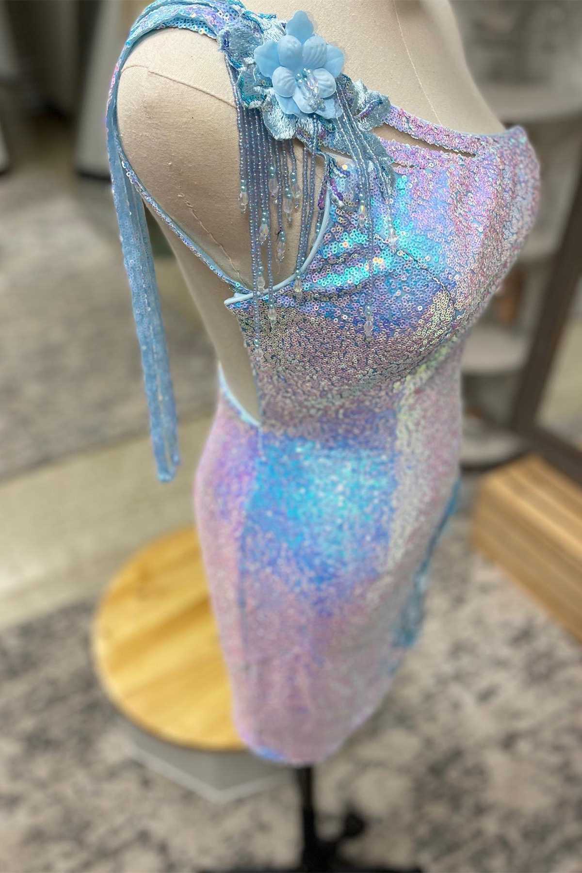 Light Blue Sequin One-Shoulder Flowers Short Party Dress
