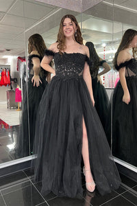 Black Tulle Off-Shoulder Applique Slit Long Prom Dress