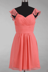 Coral Pink Chiffon Ruffled Straps A-Line Short Bridesmaid Dress