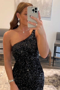 One-Shoulder Black Sequins Mini Homecoming Dress